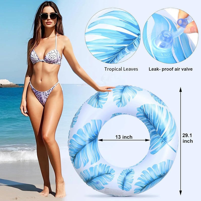 BBPOOL Pool Float for Swimming Pool, Inflatable Swim Tube Floaties for Teens Adults Tropical Leaf Printed Swim Ring Pool Party Decoration (Blue) - Image 2