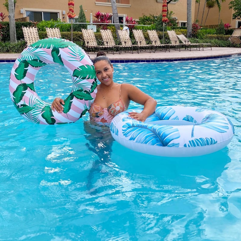 BBPOOL Pool Float for Swimming Pool, Inflatable Swim Tube Floaties for Teens Adults Tropical Leaf Printed Swim Ring Pool Party Decoration (Blue) - Image 5
