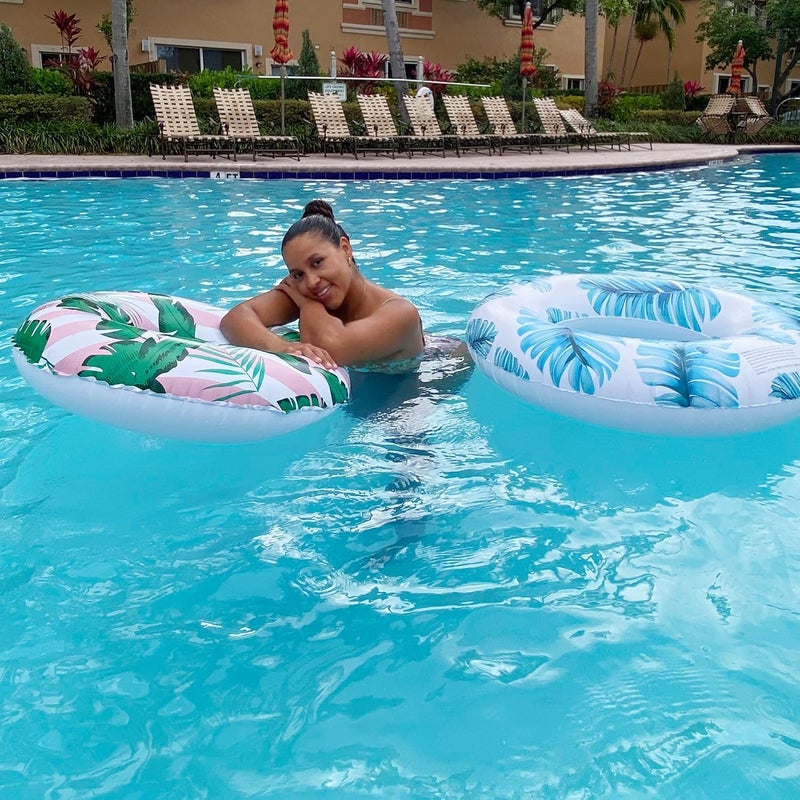 BBPOOL Pool Float for Swimming Pool, Inflatable Swim Tube Floaties for Teens Adults Tropical Leaf Printed Swim Ring Pool Party Decoration (Blue) - Image 4