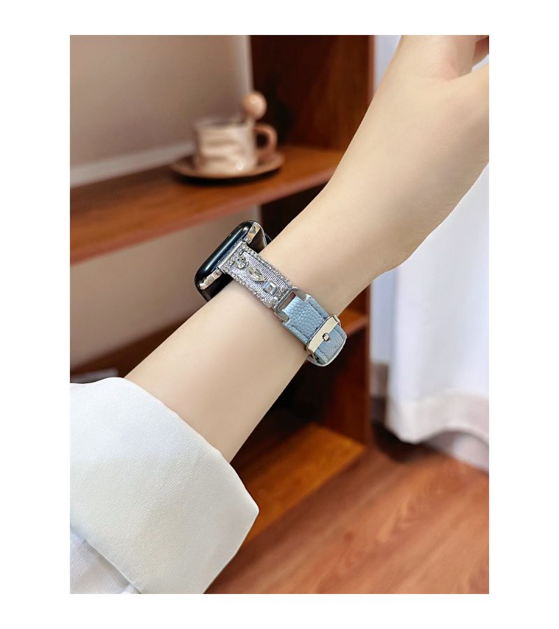 Blue Diamond Studded Handmade Watch Band Compatible With Apple Watch Sizes 38mm 40mm 41mm 42mm Featuring Fish Roe Pattern And Card Design - Image 4
