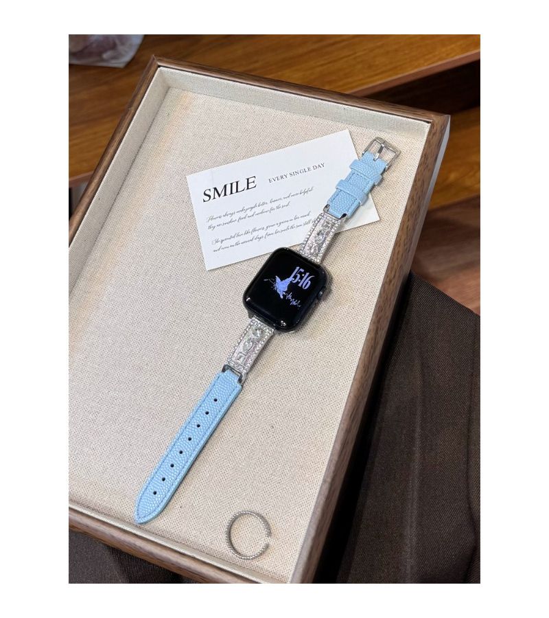 Blue Diamond Studded Handmade Watch Band Compatible With Apple Watch Sizes 38mm 40mm 41mm 42mm Featuring Fish Roe Pattern And Card Design - Image 3