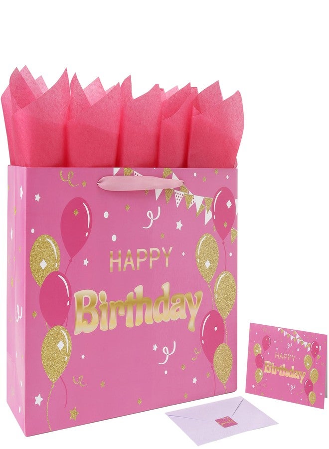 Qirrmiy 16.5" Extra Large Pink Happy Birthday Gift Bag Set with Handles, Greeting Card, Tissue Papers and Stickers for Women Girls, Balloons Design, 1 Pcs - Image 1