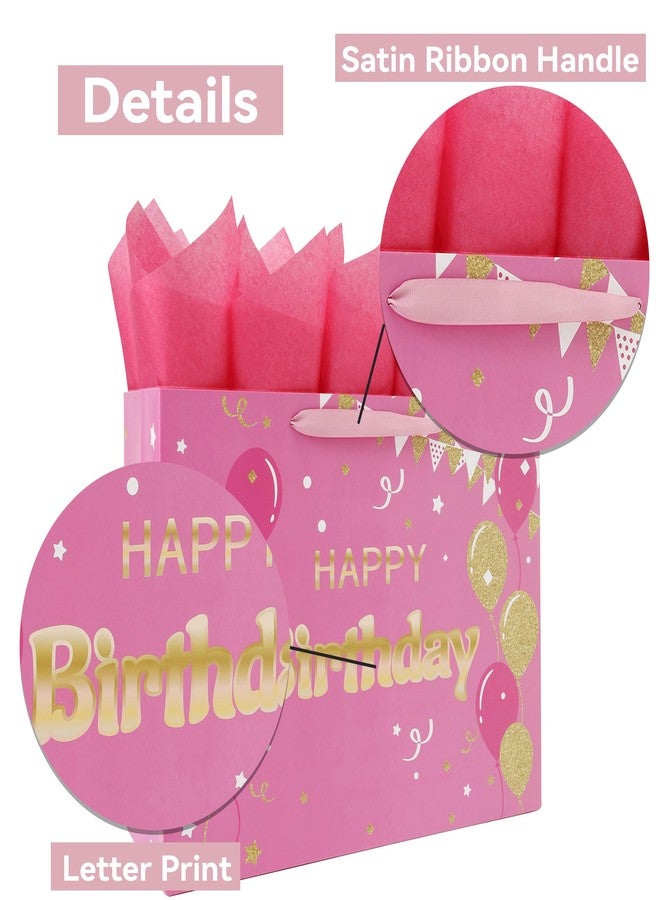 Qirrmiy 16.5" Extra Large Pink Happy Birthday Gift Bag Set with Handles, Greeting Card, Tissue Papers and Stickers for Women Girls, Balloons Design, 1 Pcs - Image 4