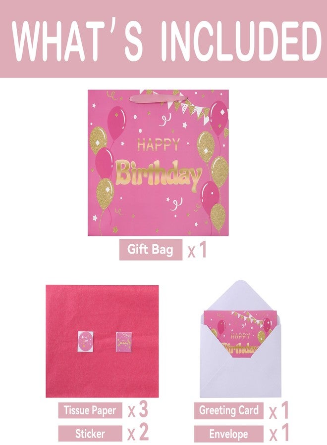 Qirrmiy 16.5" Extra Large Pink Happy Birthday Gift Bag Set with Handles, Greeting Card, Tissue Papers and Stickers for Women Girls, Balloons Design, 1 Pcs - Image 3