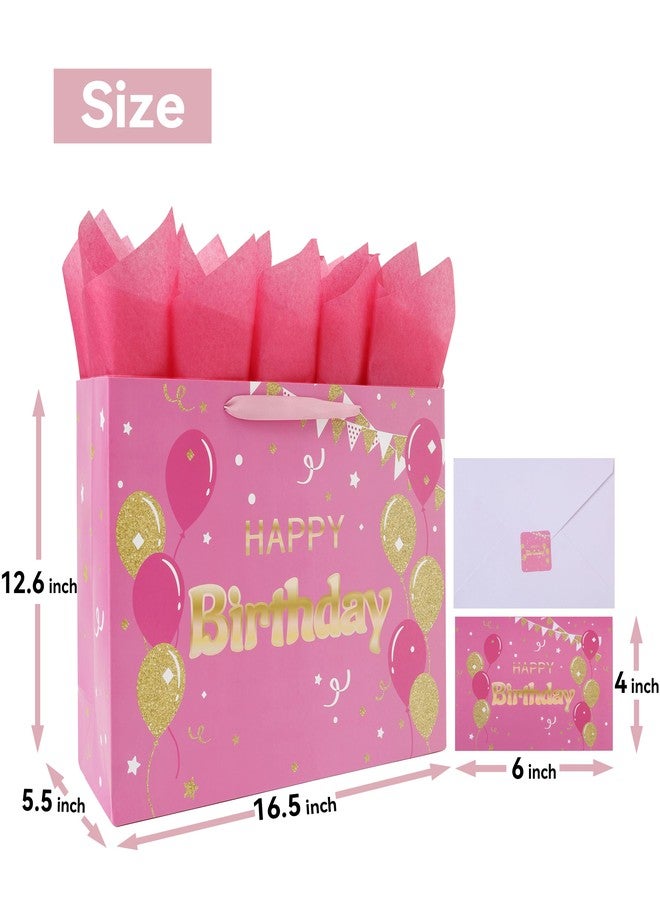 Qirrmiy 16.5" Extra Large Pink Happy Birthday Gift Bag Set with Handles, Greeting Card, Tissue Papers and Stickers for Women Girls, Balloons Design, 1 Pcs - Image 2