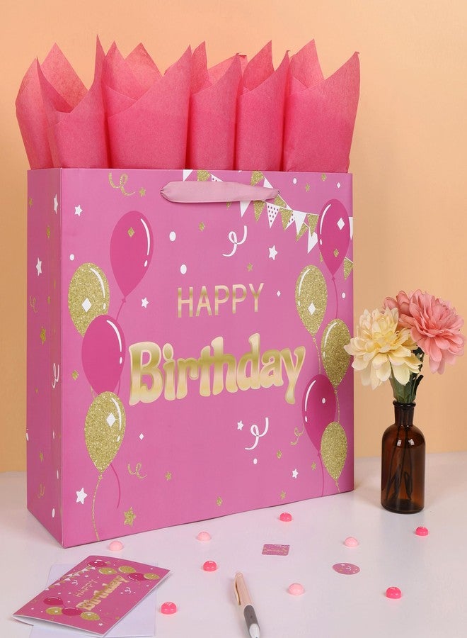 Qirrmiy 16.5" Extra Large Pink Happy Birthday Gift Bag Set with Handles, Greeting Card, Tissue Papers and Stickers for Women Girls, Balloons Design, 1 Pcs - Image 5