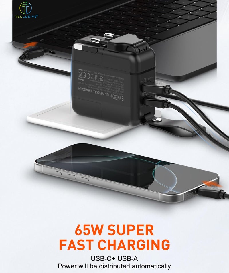 T Teclusive 65W Gan Charger Type C Compatible with iPhone 16 15 Galaxy S25 S24 Ultra MacBook Air Pro Laptop | EU UK US AU World Plug with PD QC USB C Super Fast Charging Travel Adapter - Image 3