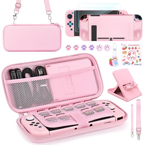 Younik Switch Accessories Bundle, 17 in 1 Pink Switch Accessories Kit for Girls Include Switch Carrying Case, Adjustable Stand, Protective Case for Switch Console & J-Con Pink - Image 1