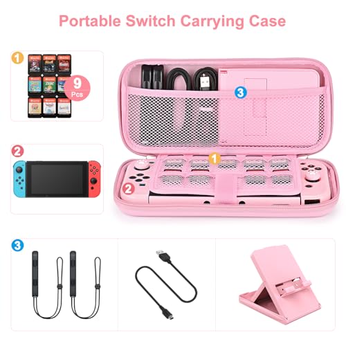 Younik Switch Accessories Bundle, 17 in 1 Pink Switch Accessories Kit for Girls Include Switch Carrying Case, Adjustable Stand, Protective Case for Switch Console & J-Con Pink - Image 2