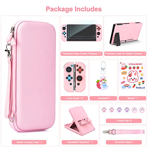 Younik Switch Accessories Bundle, 17 in 1 Pink Switch Accessories Kit for Girls Include Switch Carrying Case, Adjustable Stand, Protective Case for Switch Console & J-Con Pink - Image 4