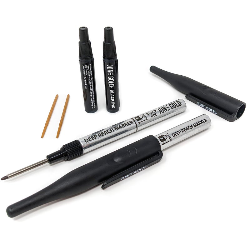 June Gold 2 Black Deep Reach Markers, 2 Ink Refill Bottles, 2 Tip Replacements, 30 mm Reach & 2 mm Felt Tip - Image 1