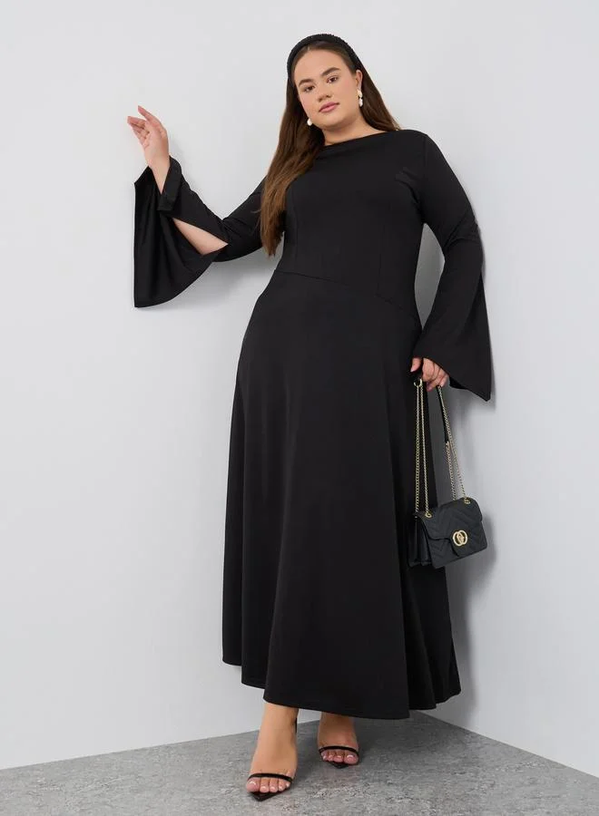 Styli Styli Plus Size Pleated Long Sleeves A-Line Maxi Dress