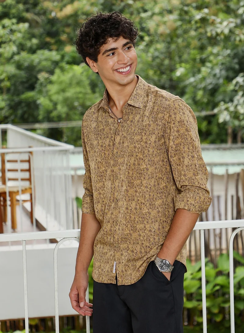 CAHOOT  Men's Ochre Brown Indie Floral-Motif Imprint Shirt for Men | Best Price UAE