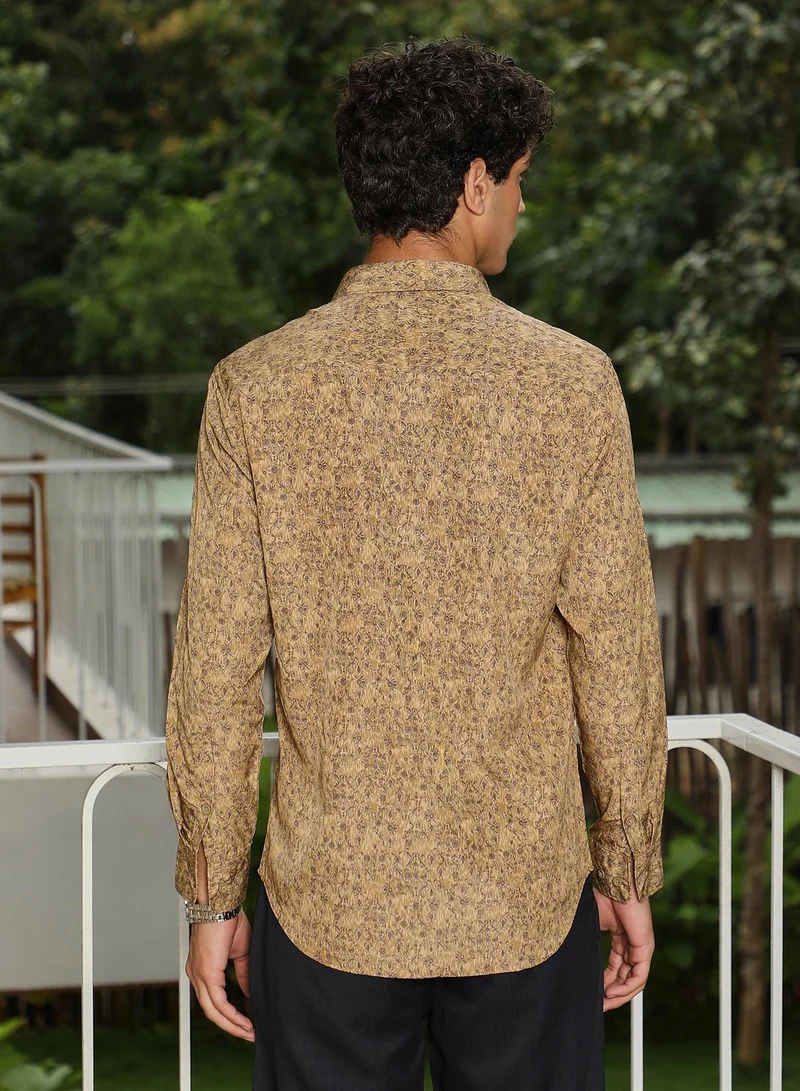 CAHOOT  Men's Ochre Brown Indie Floral-Motif Imprint Shirt for Men | Best Price UAE