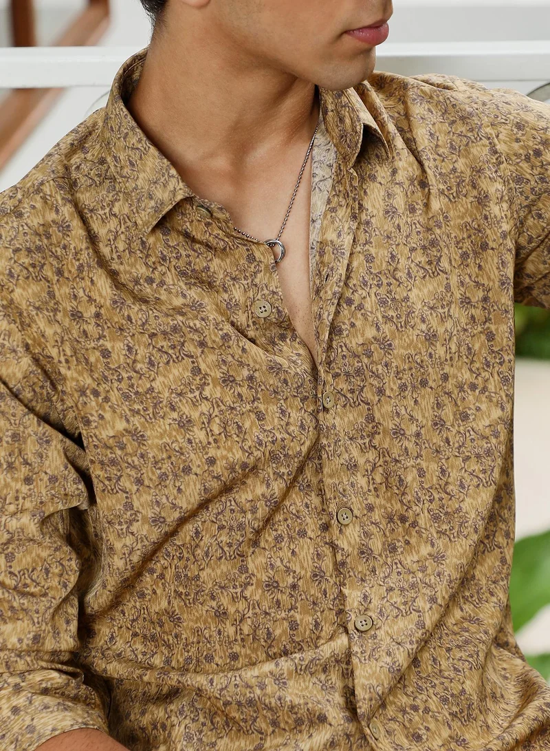 CAHOOT  Men's Ochre Brown Indie Floral-Motif Imprint Shirt for Men | Best Price UAE
