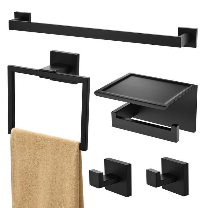 TOWEL RACKS FOR BATHROOM BLACK5PIECE 16 TOWEL BAR BATHROOM HARDWARE ACCESSORIES WALL MOUNTED INCLUDE HAND TOWEL RODTOILET PAPER HOLDER WITH SHELFTOWEL HOLDERROBE HOOK MATTE