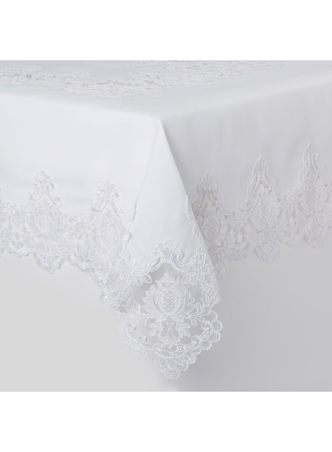 Violet Linen Imperial Embroidered Vintage Lace Design 70 X 105 OblongRectangle Tablecloth in White  - Image 2