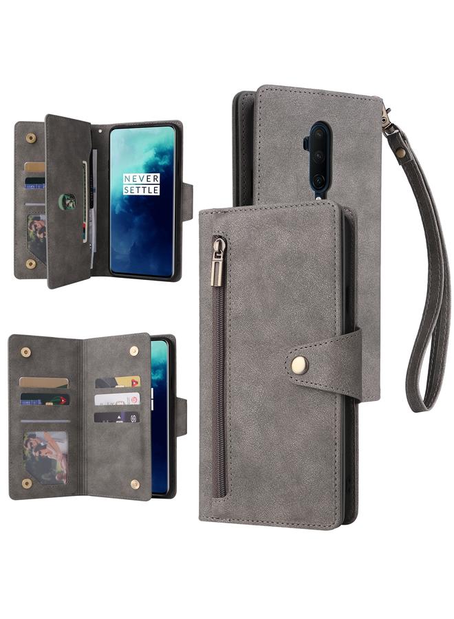 اس-توب جراب هاتف OnePlus 7T Pro مصنوع من الجلد مع مشبك برشام و9 بطاقات بثلاث طيات - Image 1