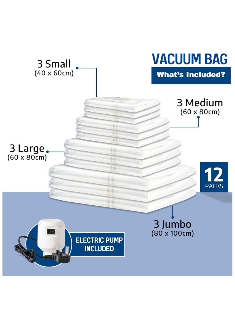 Vacuum Storage Bags, Pack of 12, (3 Jumbo 3 Large 3 Medium 3 Small) with Free 55W Electric Pump, Reusable Space Saver Compression Bags for Travel, Ideal for Clothes, Bedding, Duvets