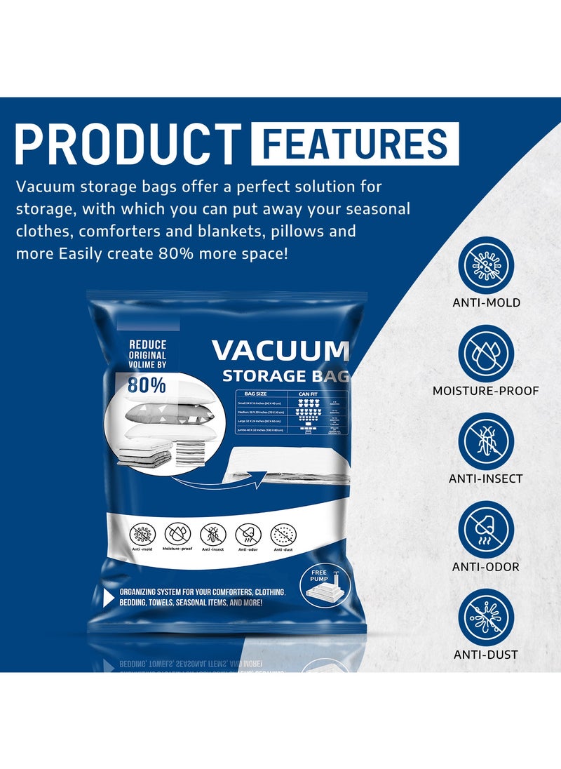 Vacuum Storage Bags, Pack of 12, (3 Jumbo 3 Large 3 Medium 3 Small) with Free 55W Electric Pump, Reusable Space Saver Compression Bags for Travel, Ideal for Clothes, Bedding, Duvets