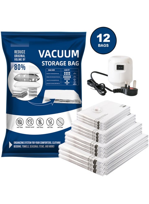 Vacuum Storage Bags, Pack of 12, (3 Jumbo 3 Large 3 Medium 3 Small) with Free 55W Electric Pump, Reusable Space Saver Compression Bags for Travel, Ideal for Clothes, Bedding, Duvets