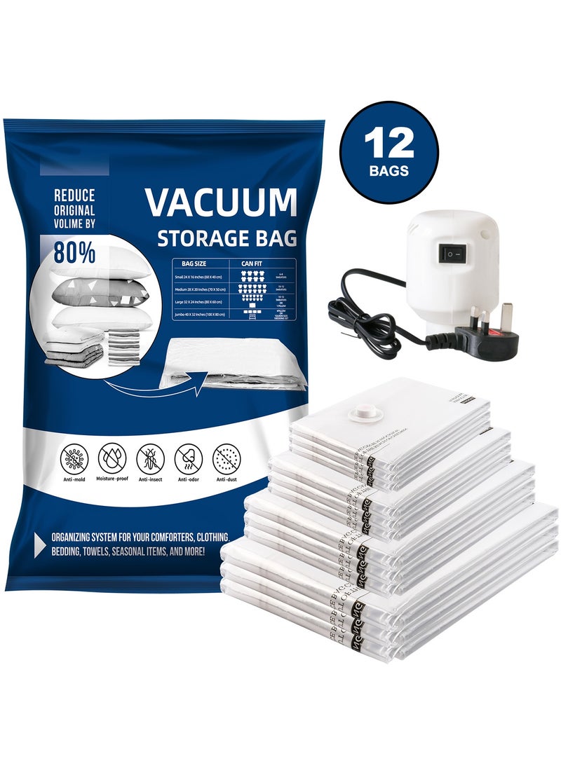 Vacuum Storage Bags, Pack of 12, (3 Jumbo 3 Large 3 Medium 3 Small) with Free 55W Electric Pump, Reusable Space Saver Compression Bags for Travel, Ideal for Clothes, Bedding, Duvets