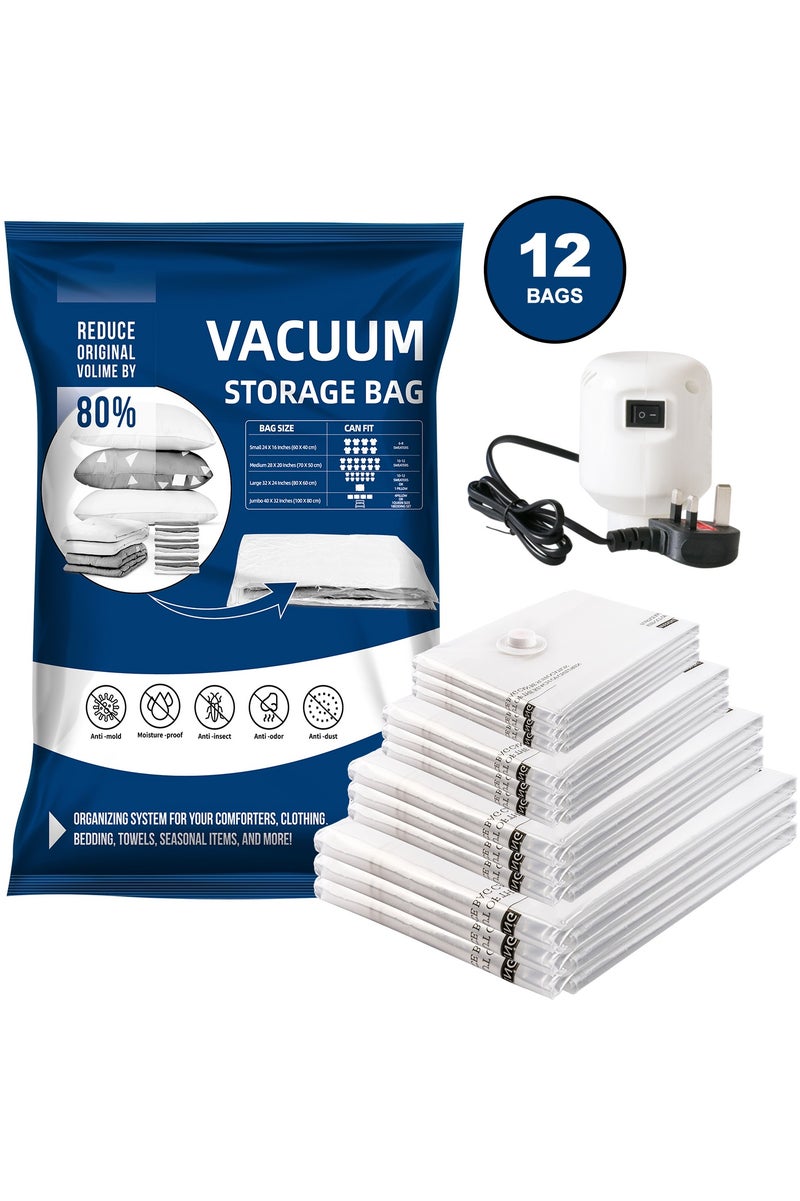 UrbanEssentia Vacuum Storage Bags, Pack of 12, (3 Jumbo 3 Large 3 Medium 3 Small) with Free 55W Electric Pump, Reusable Space Saver Compression Bags for Travel, Ideal for Clothes, Bedding, Duvets - Image 1