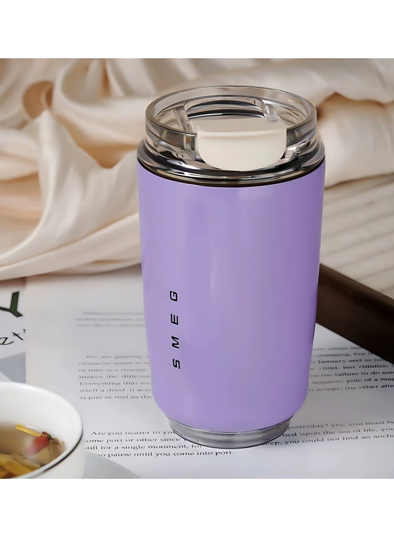 سميج كوب قهوة للسفر من Smeg، كوب معزول للمشروبات مع غطاء مضاد للتسرب، كوب قهوة طويل الأمد مع غطاء، ترمس قهوة للسفر (أرجواني) - Image 1