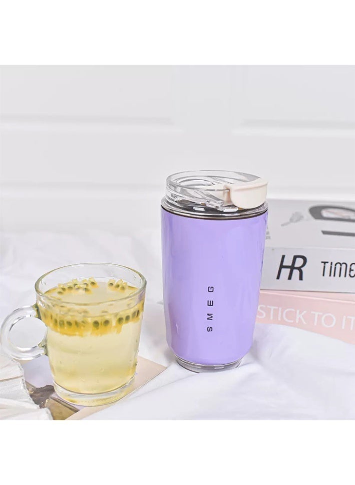 سميج كوب قهوة للسفر من Smeg، كوب معزول للمشروبات مع غطاء مضاد للتسرب، كوب قهوة طويل الأمد مع غطاء، ترمس قهوة للسفر (أرجواني) - Image 3