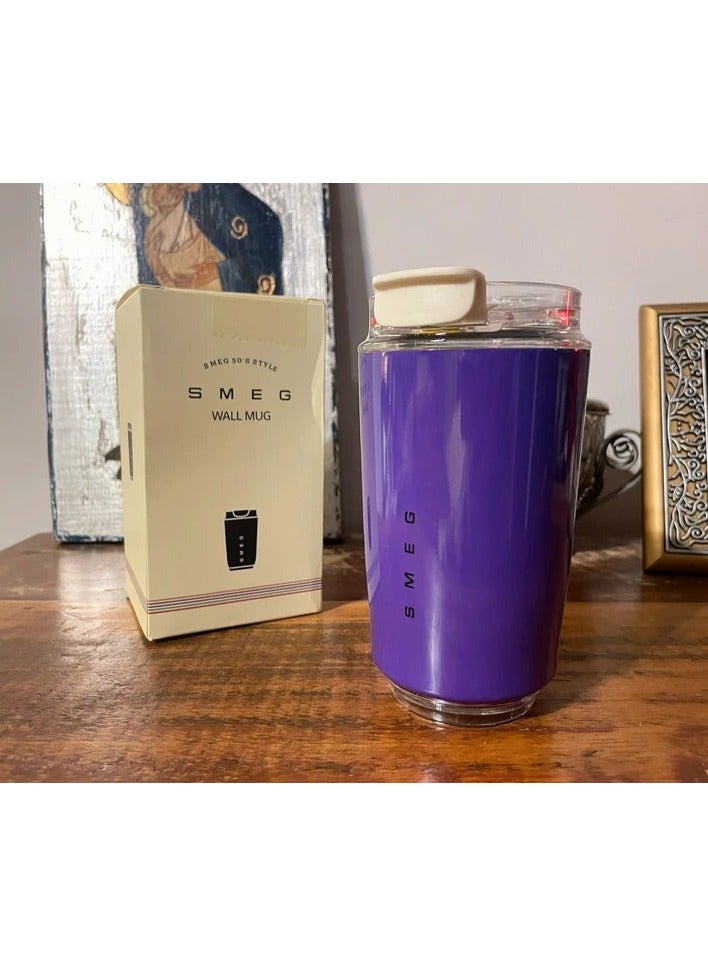 سميج كوب قهوة للسفر من Smeg، كوب معزول للمشروبات مع غطاء مضاد للتسرب، كوب قهوة طويل الأمد مع غطاء، ترمس قهوة للسفر (أرجواني) - Image 3