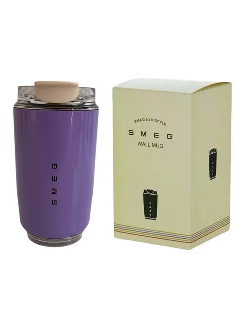 كوب قهوة للسفر من Smeg، كوب معزول للمشروبات مع غطاء مضاد للتسرب، كوب قهوة طويل الأمد مع غطاء، ترمس قهوة للسفر (أرجواني)