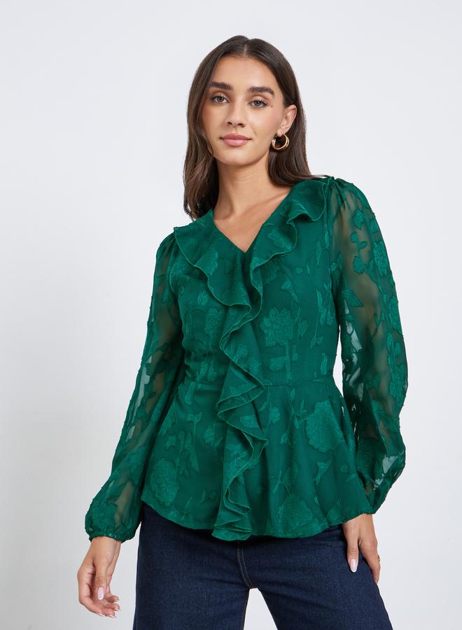 Styli Emerald Green Ruffle Detail Long Sleeves Blouse - Image 1