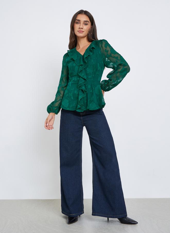 Styli Emerald Green Ruffle Detail Long Sleeves Blouse - Image 2
