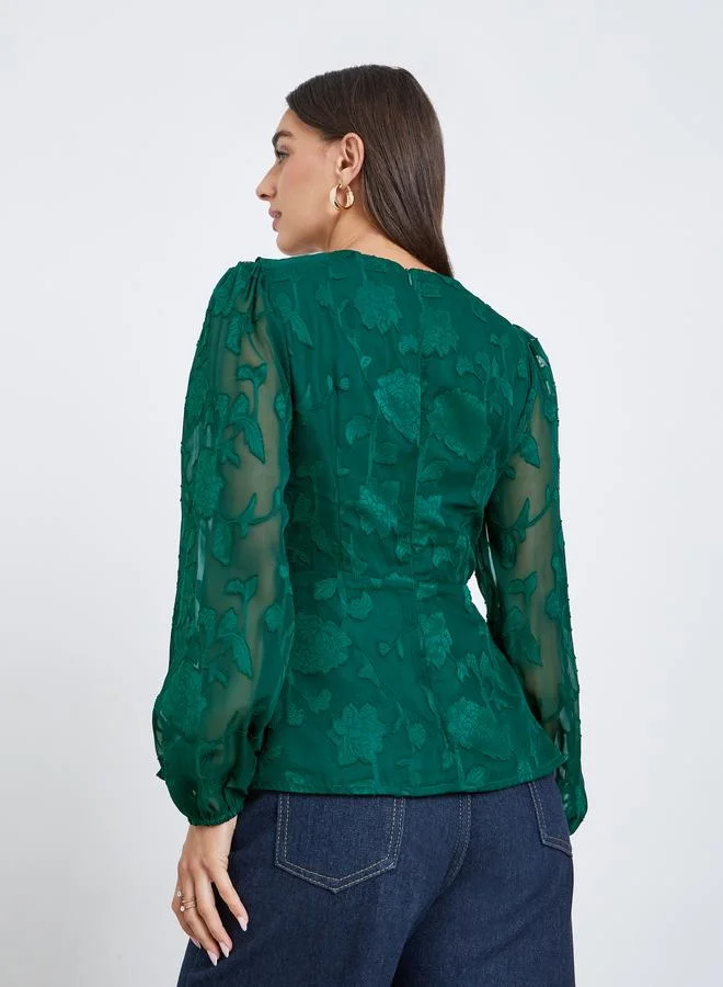Styli Emerald Green Ruffle Detail Long Sleeves Blouse