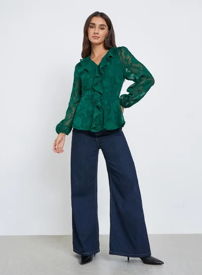 Styli Emerald Green Ruffle Detail Long Sleeves Blouse