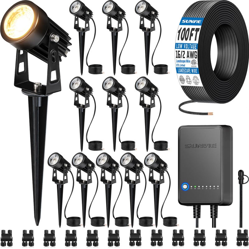 SUNVIE All-in-One LED Low Voltage Landscape Lighting Kit, 12-Pack Landscape Lights with Transformer 100FT Wire and Connectors, 3000K Waterproof Low Voltage Landscape Lights for Garden Yard House Tree - Image 1
