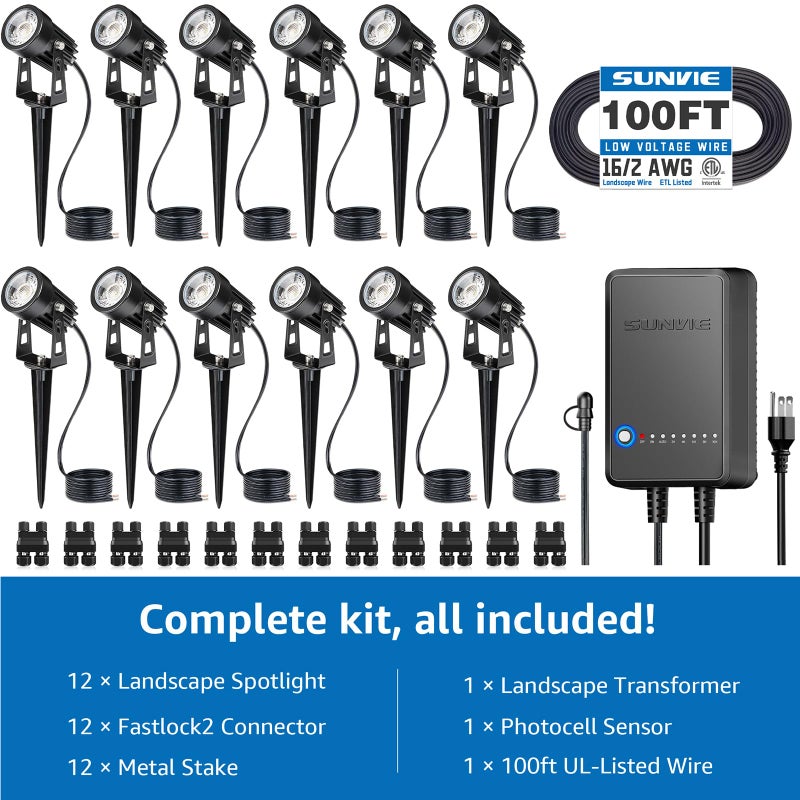 SUNVIE All-in-One LED Low Voltage Landscape Lighting Kit, 12-Pack Landscape Lights with Transformer 100FT Wire and Connectors, 3000K Waterproof Low Voltage Landscape Lights for Garden Yard House Tree - Image 2