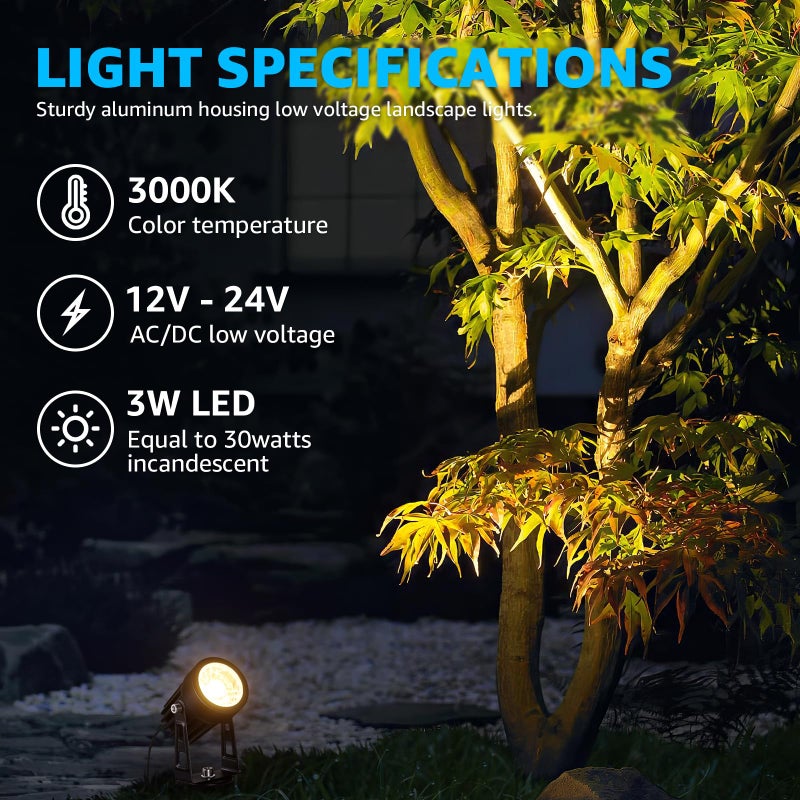SUNVIE All-in-One LED Low Voltage Landscape Lighting Kit, 12-Pack Landscape Lights with Transformer 100FT Wire and Connectors, 3000K Waterproof Low Voltage Landscape Lights for Garden Yard House Tree - Image 3