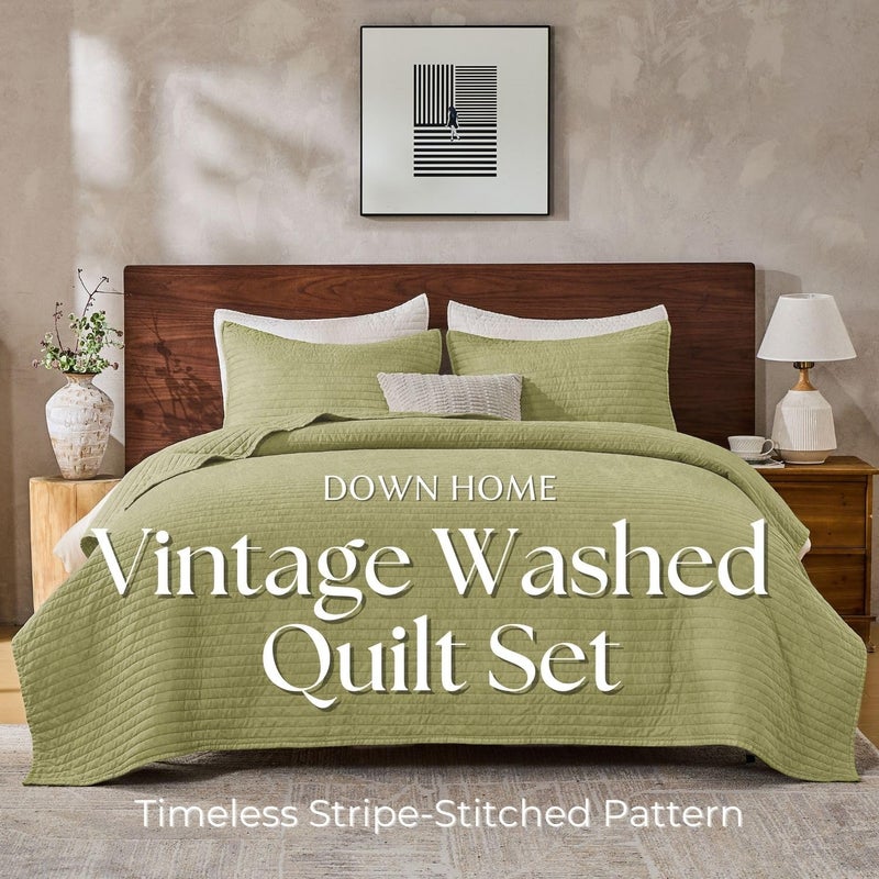 DOWN HOME King Quilt Bedding Set with Shams, Vintage Washed Soft Quilted Blanket Thin Comforter Lightweight Bedspread Coverlet Bed Cover, Brushed Microfiber Stripe Stitching, Golden Olive, 104"x90" - Image 2