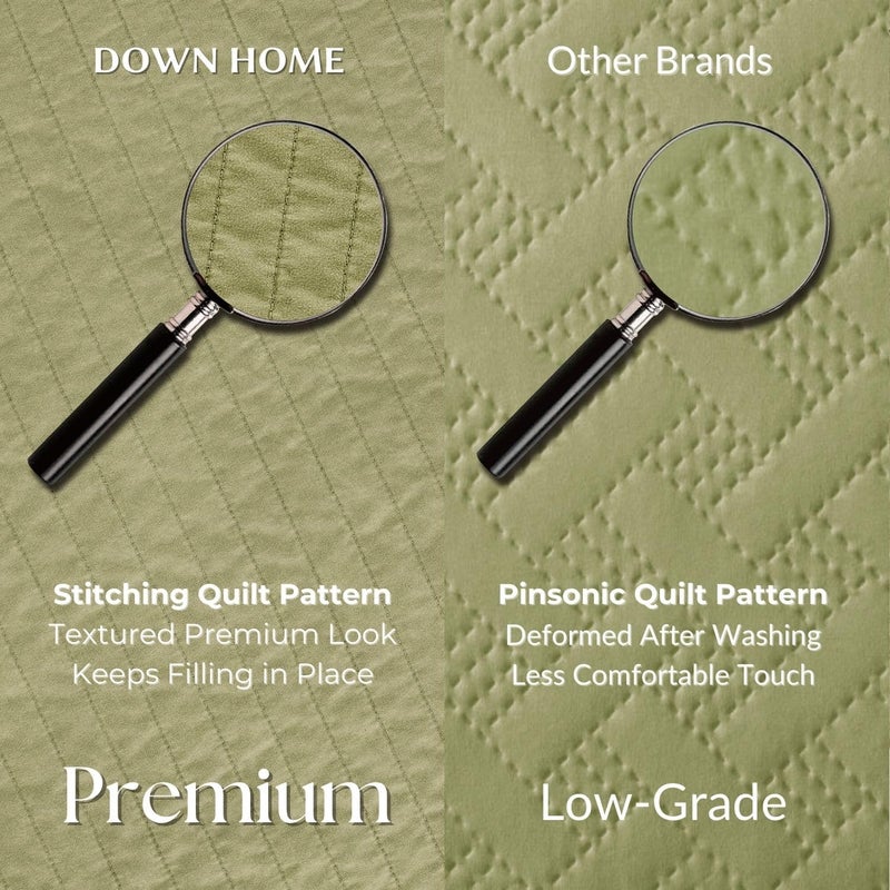 DOWN HOME King Quilt Bedding Set with Shams, Vintage Washed Soft Quilted Blanket Thin Comforter Lightweight Bedspread Coverlet Bed Cover, Brushed Microfiber Stripe Stitching, Golden Olive, 104"x90" - Image 3