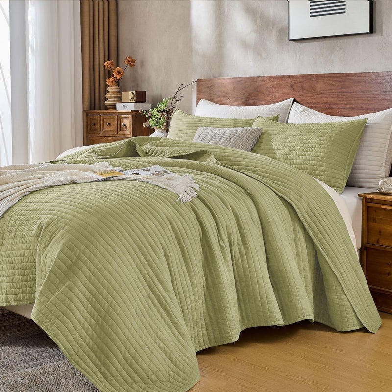 DOWN HOME King Quilt Bedding Set with Shams, Vintage Washed Soft Quilted Blanket Thin Comforter Lightweight Bedspread Coverlet Bed Cover, Brushed Microfiber Stripe Stitching, Golden Olive, 104"x90" - Image 1