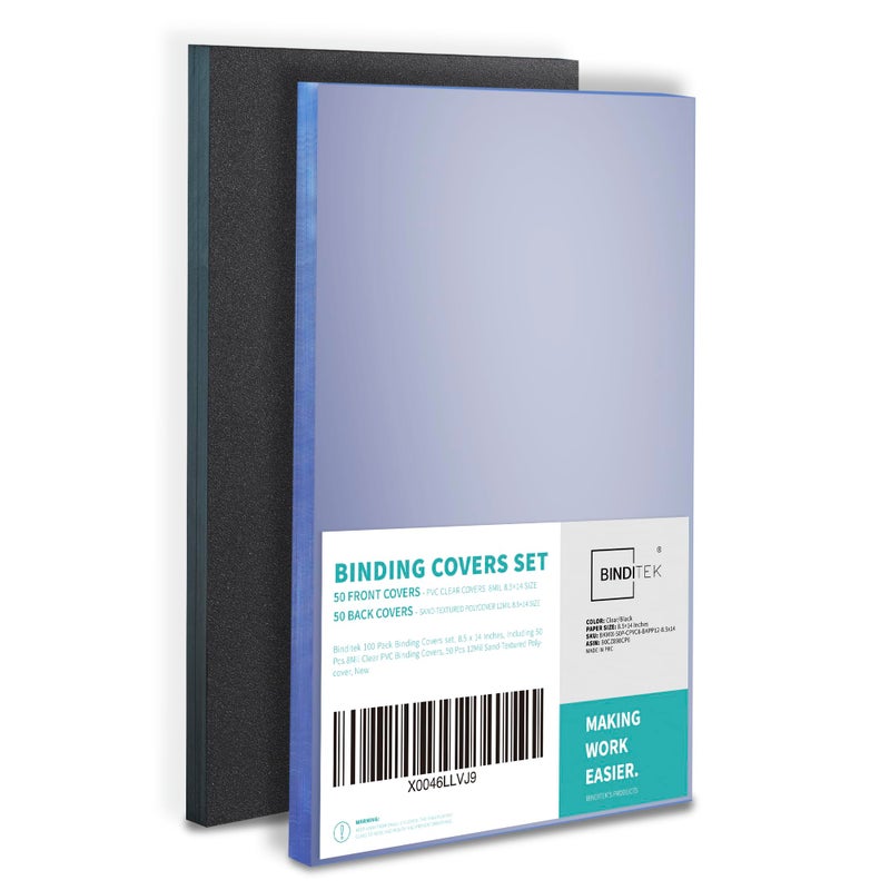 Binditek 100 Pack Binding Covers and Backs Set, 8.5 x 14 Inches, 50 Clear PVC (8Mil), 50 Sand-Textured Polycovers (12Mil), Legal Size - Image 1