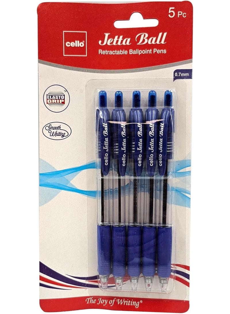 Cello 5-Piece Jetta Retractable Ballpoint Pen 0.7mm Blue Ink - Image 1