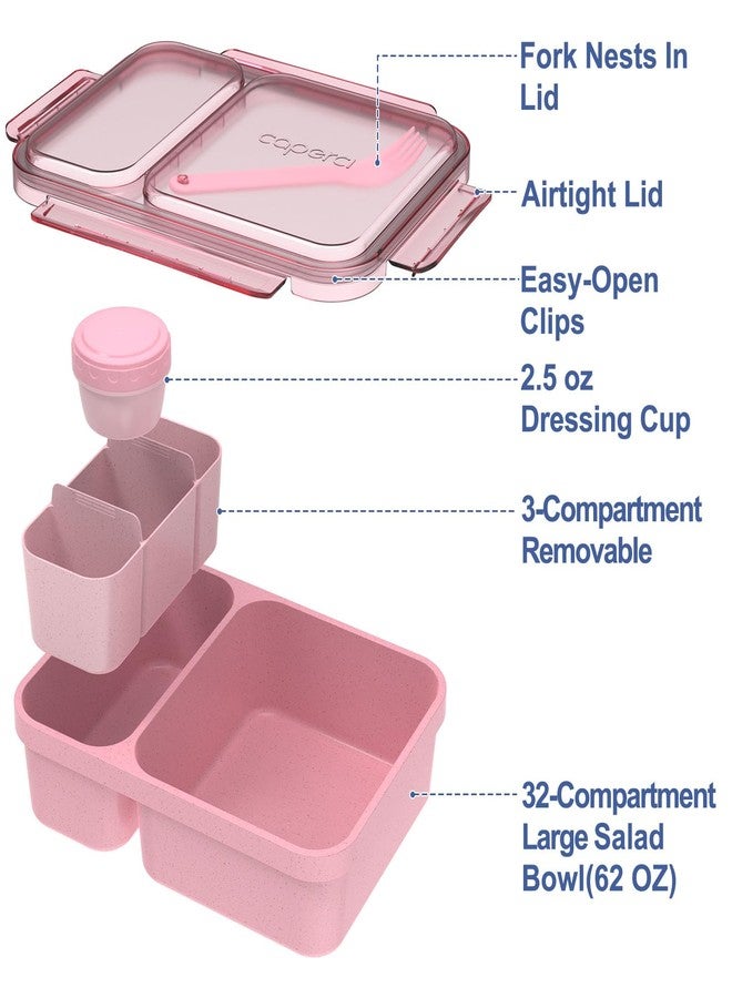Caperci 2 Pack Salad Container for Lunch - 62 oz Large Bento Lunch Box for Adults, 2-Compartment Meal Prep Container with Removable Toppings Tray, Sauce Cup, Reusable Fork, BPA-Free (Navy & Pink) - Image 4