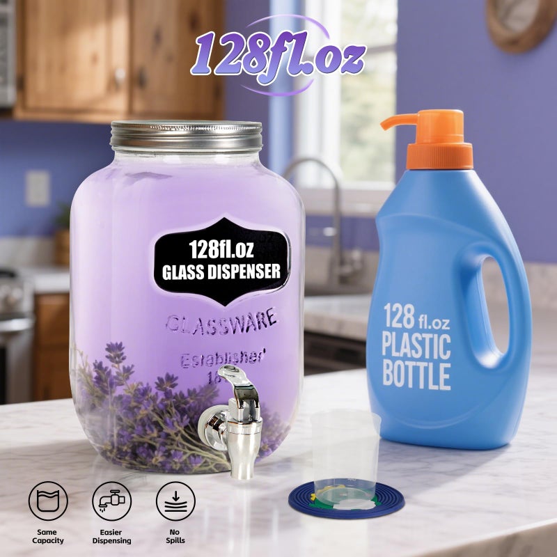 2-Pack 1 Gallon Glass Laundry Detergent Dispenser Set with Bamboo Lids and Stand - Liquid Soap and Fabric Softener Dispensers with Spigots, Cups, Labels and Mats, Laundry Room Organization and Storage - Image 3