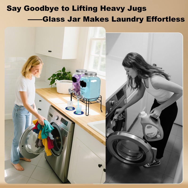 2-Pack 1 Gallon Glass Laundry Detergent Dispenser Set with Bamboo Lids and Stand - Liquid Soap and Fabric Softener Dispensers with Spigots, Cups, Labels and Mats, Laundry Room Organization and Storage - Image 4