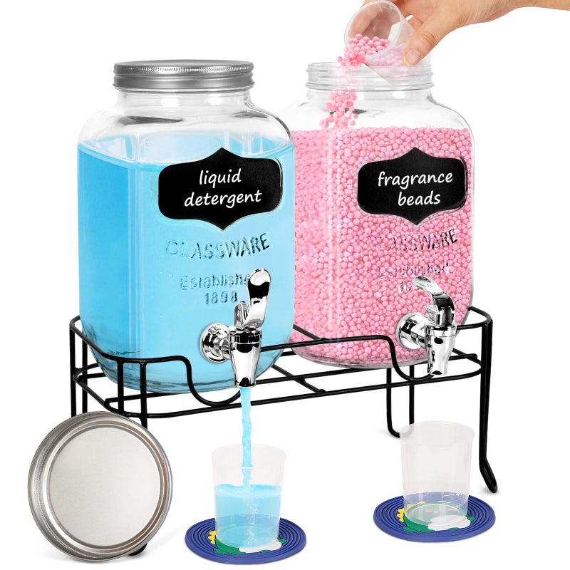2-Pack 1 Gallon Glass Laundry Detergent Dispenser Set with Bamboo Lids and Stand - Liquid Soap and Fabric Softener Dispensers with Spigots, Cups, Labels and Mats, Laundry Room Organization and Storage - Image 1