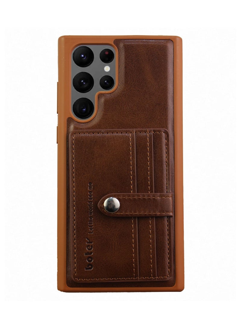 Boter Leather Phone Case Back Cover Magnetic Detachable with Wallet Card Holder Pocket for Samsung Galaxy S22 Ultra_Brown 