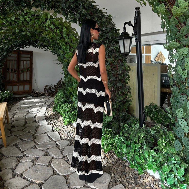 Striped Knitted Beach Dress Bikini Cover Up Set - Image 4