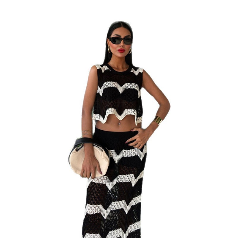 Striped Knitted Beach Dress Bikini Cover Up Set - Image 5